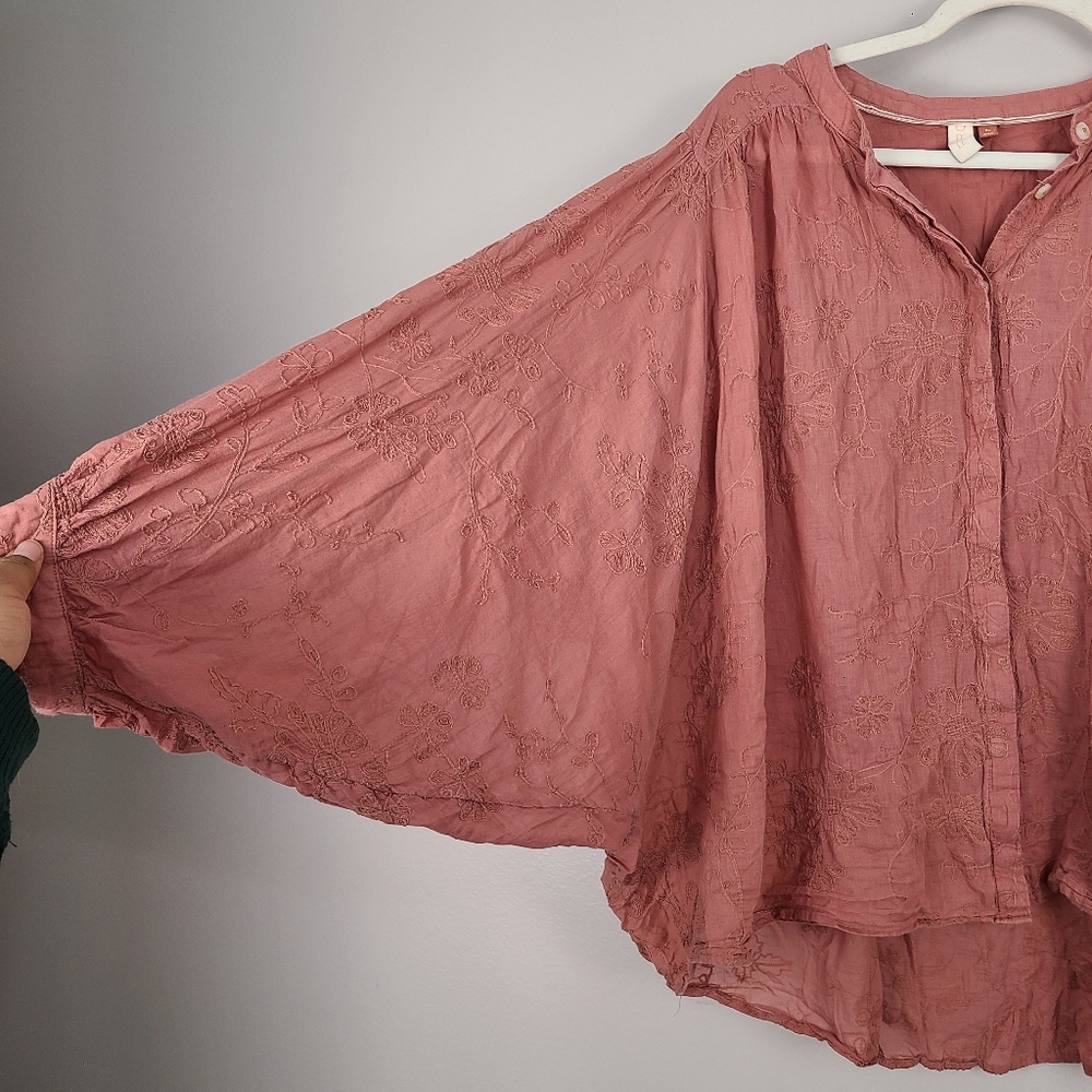 Anthropologie Pilcro Mauve Pink Cotton Floral Embroidered Button-up Batwing Top - Picture 4 of 9